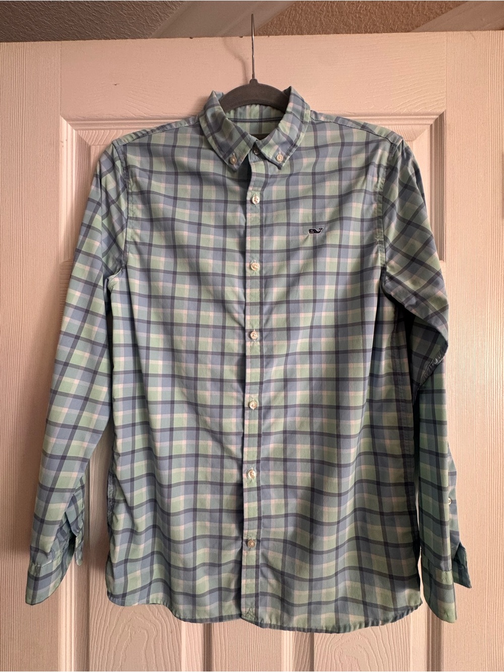 Vineyard Vines BOYS size large Light Green & Blue Plaid Button-Down Shirt